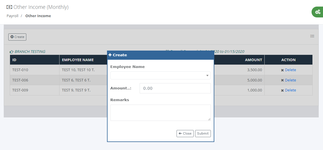 Payroll: Other Income (Create)