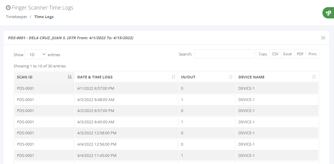 Timekeeping: Employee Time Logs (list)