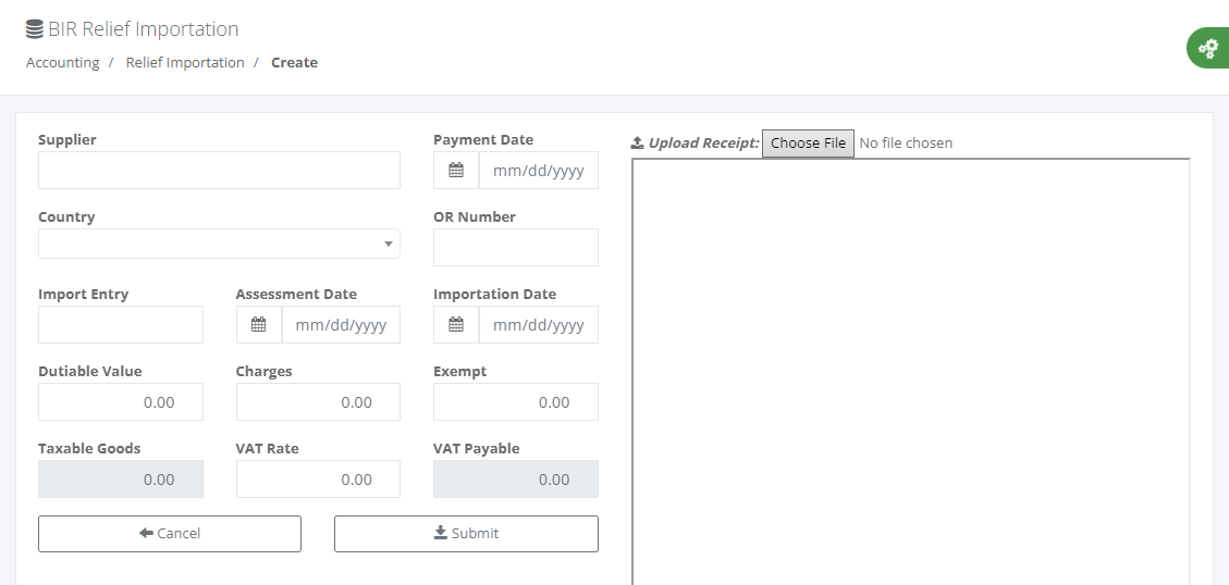 Accounting: BIR Relief Importation (Create)