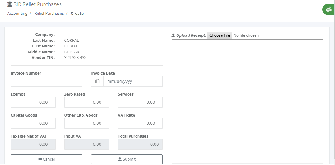 Accounting: BIR Relief Purchases (Create)