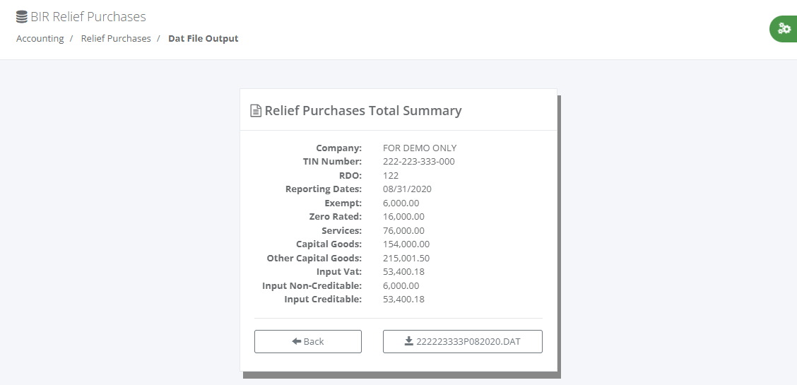 Accounting: BIR Relief Purchases (Summary)