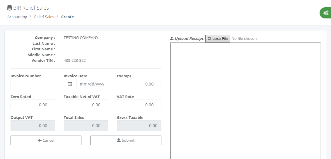 Accounting: BIR Relief Sales (Create)