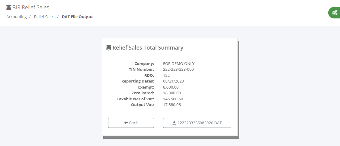Accounting: BIR Relief Sales (Summary)