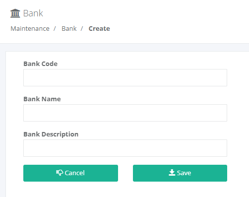 Maintenance: Create Bank