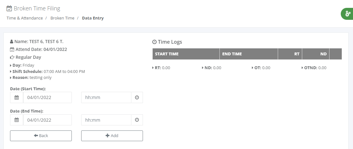 Timekeeping: Broken Time Filing (data entry)