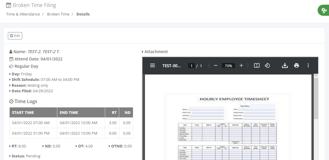 Timekeeping: Broken Time Filing (details)