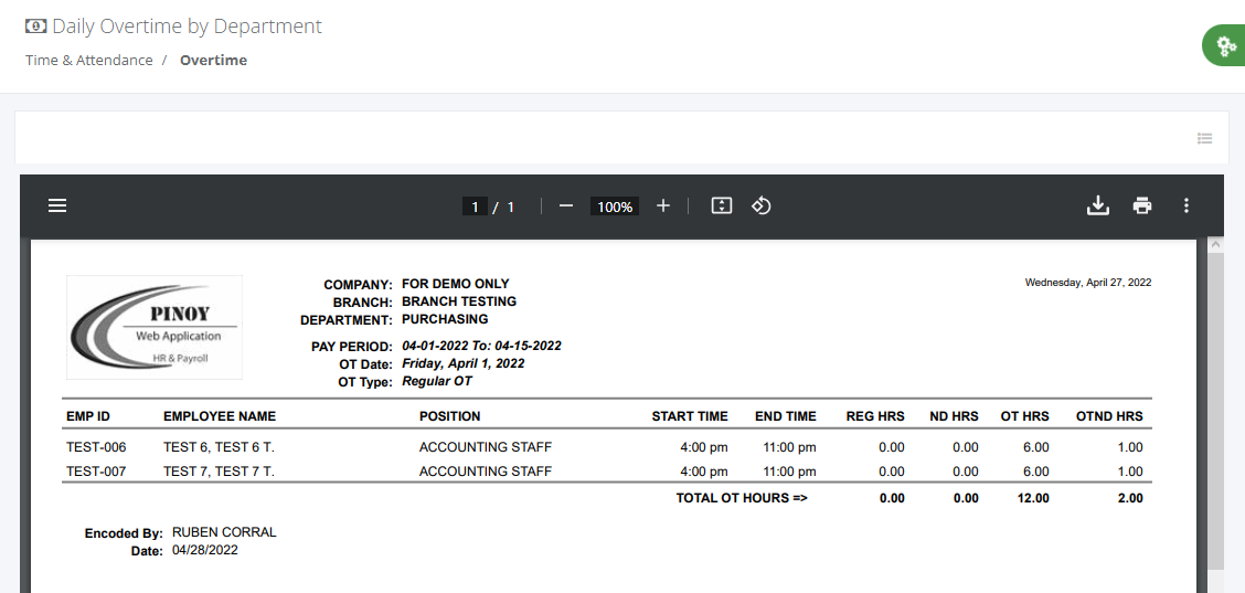 Timekeeping: Overtime Filing (reports)