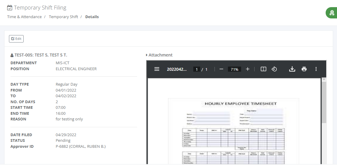 Timekeeping: Temporary Shift Filing (details)