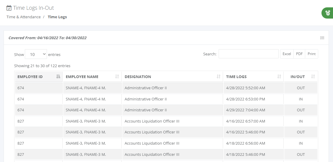 Timekeeping: View Time Logs (list)