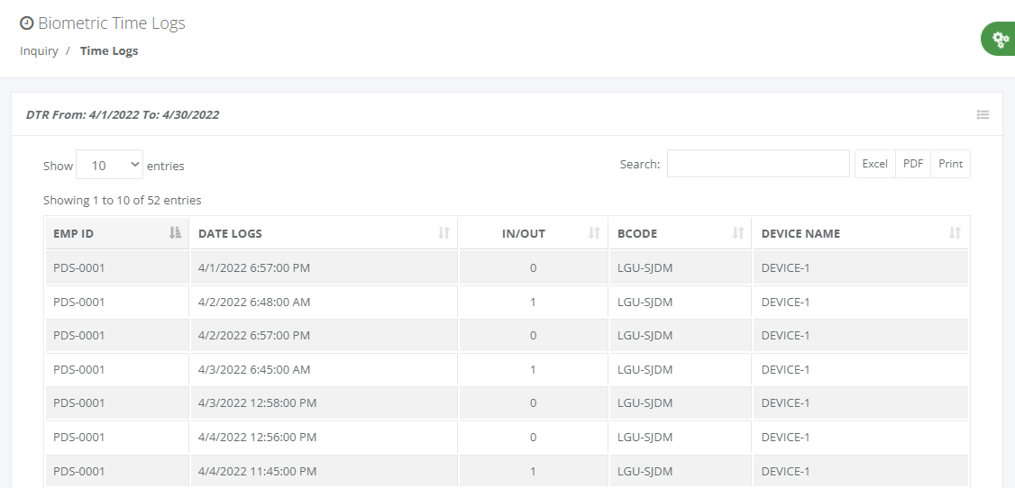 Online Inquiry: DTR Time Logs (details)