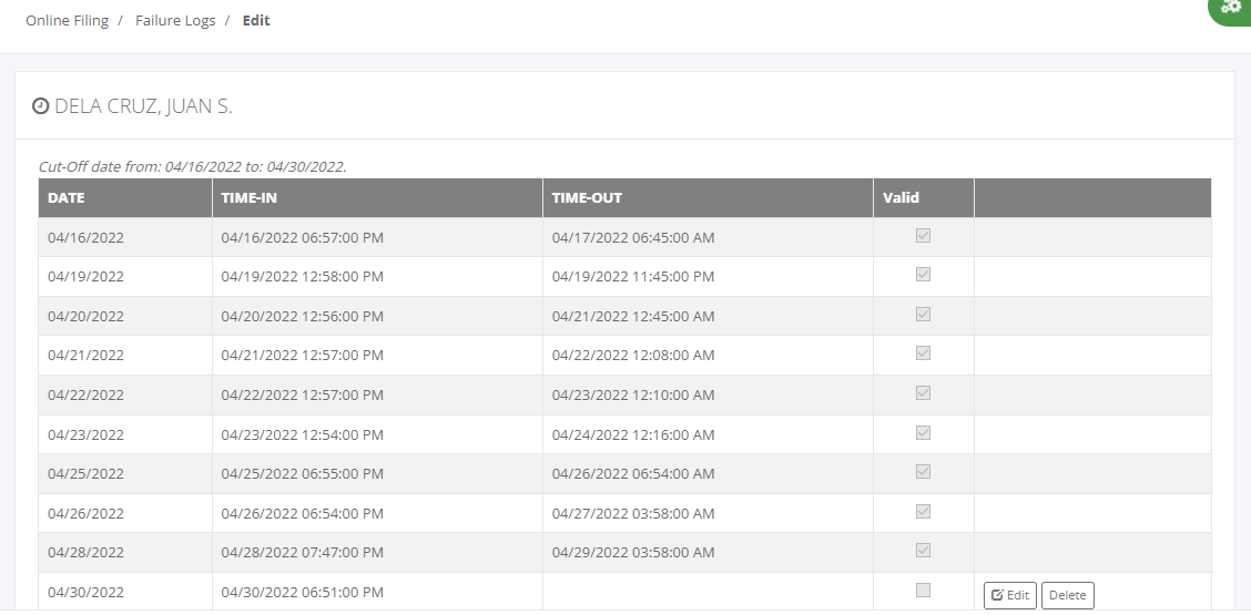 Online Filing: Invalid Time Logs (edit)