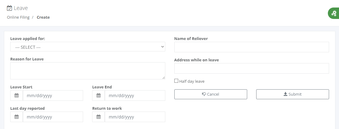 Online Filing: Leave (create)