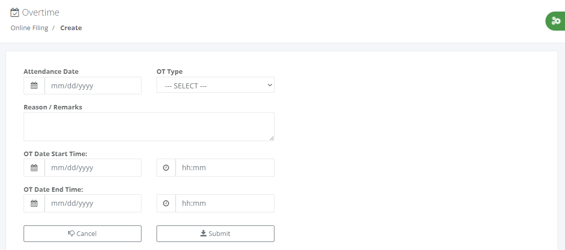 Online Filing: Overtime (create)