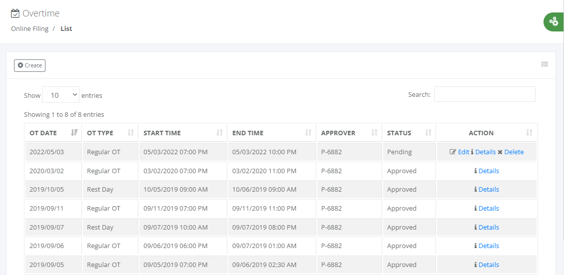 Online Filing: Overtime