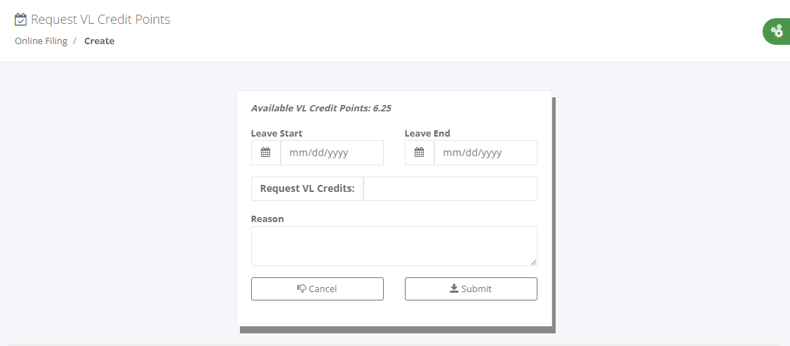 Online Filing: Request Vacation Leave Credits (create)