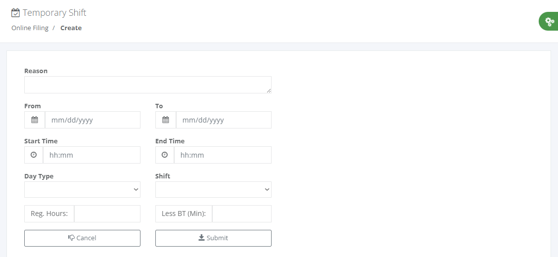 Online Filing: Temporary Shift (create)