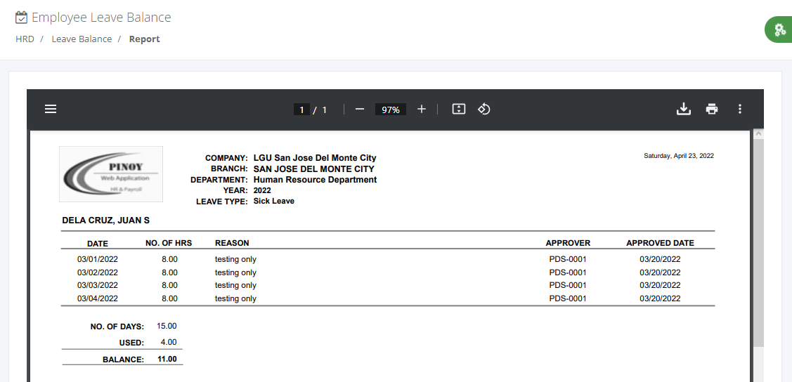 HRD Reports: Leave Balance