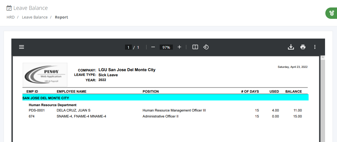 HRD Reports: Leave Balance