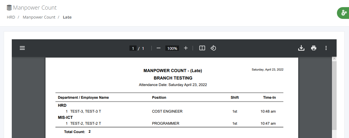 HRD Reports: Manpower Count (Late)