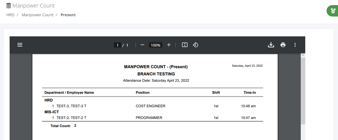 HRD Reports: Manpower Count (Present)