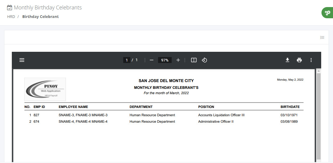 HRD Reports: Monthly Birthday Celebrant (list)