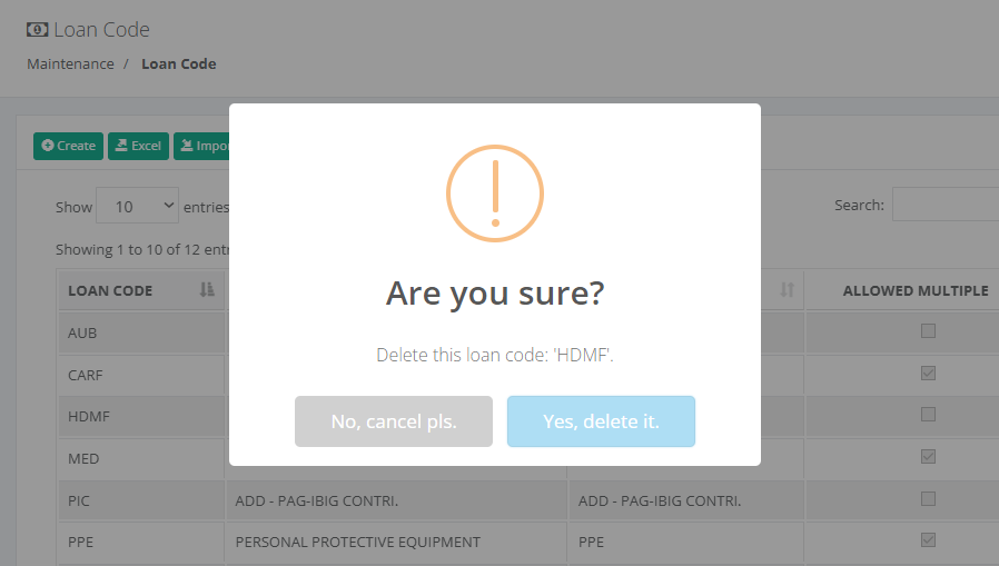 Maintenance: Delete Loan Code