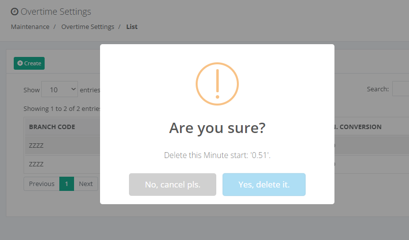 Maintenance: Delete Overtime Settings