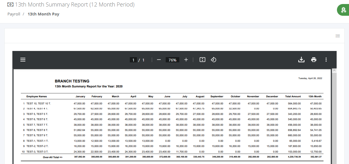 Payroll: 13th Month Pay Summary Report (output)