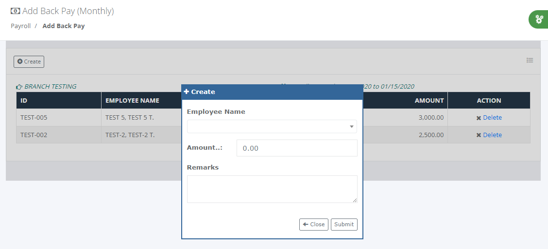 Payroll: Add Back Pay (Create)