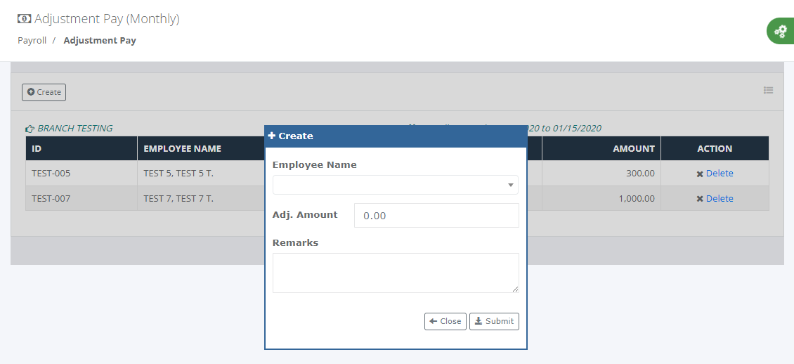 Payroll: Adjustment Pay (Create)