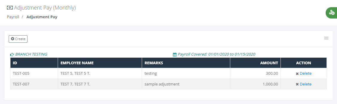 Payroll: Adjustment Pay (List)