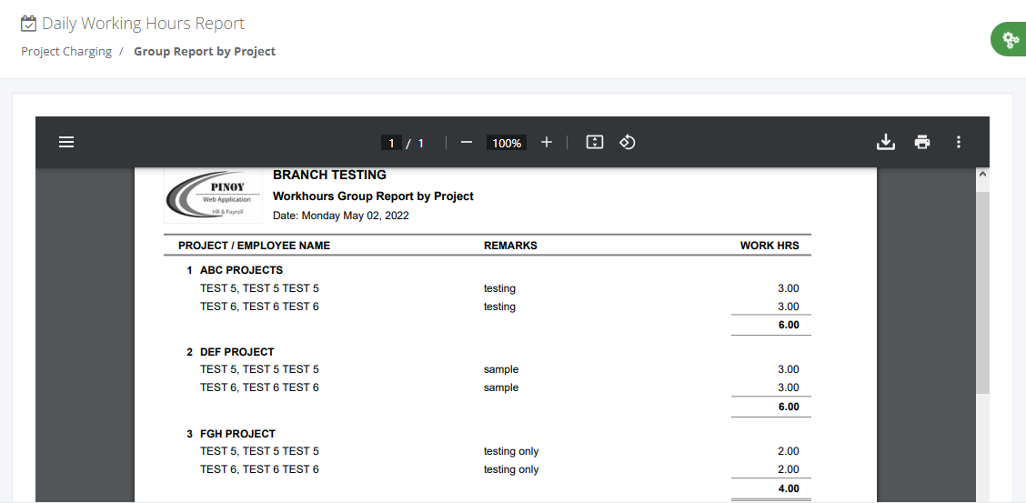 Project Charging: Daily Working Hours (report by project)