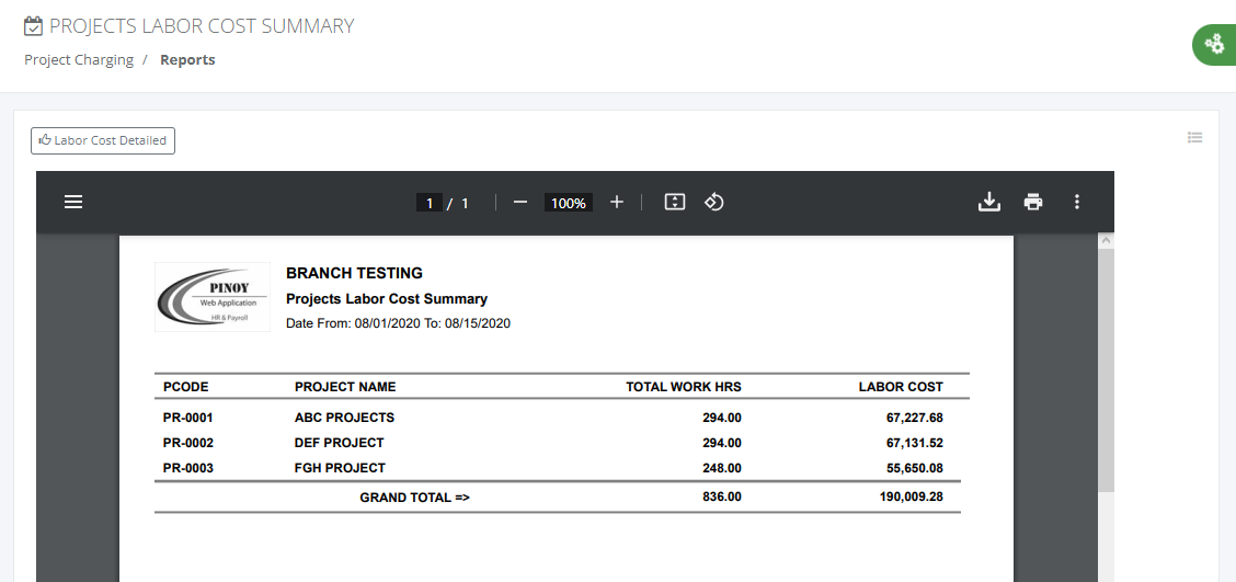 Project Charging Labor Cost Report