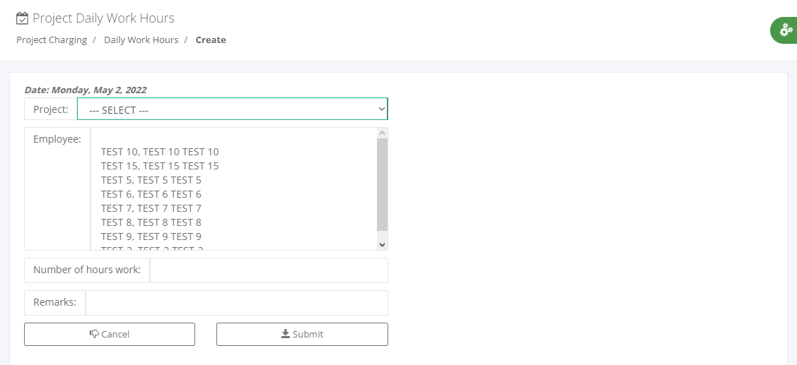 Project Charging: Daily Working Hours (create)