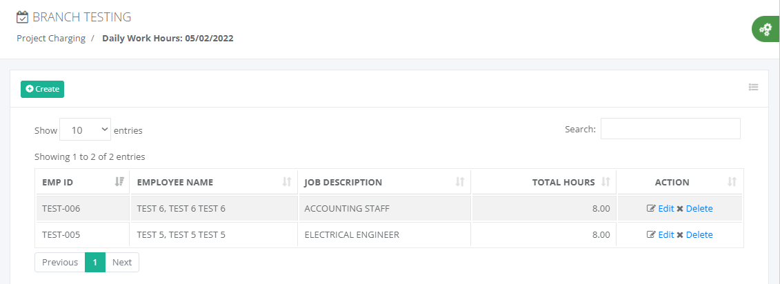 Project Charging: Daily Working Hours (list)