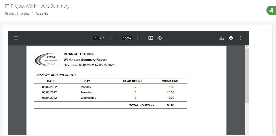 Project Working Hours Summary Report