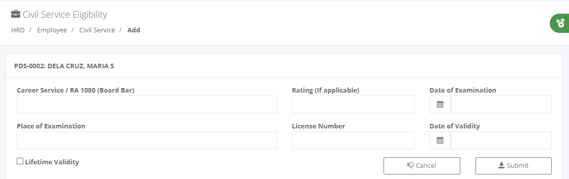 Civil Service Eligibility (Add)