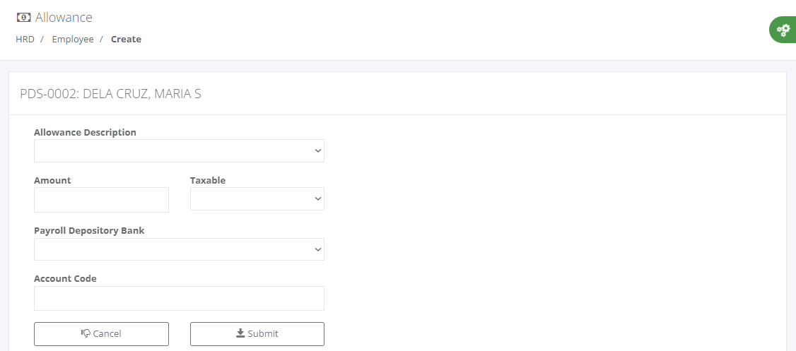 Payroll Setup: Allowance (Create)