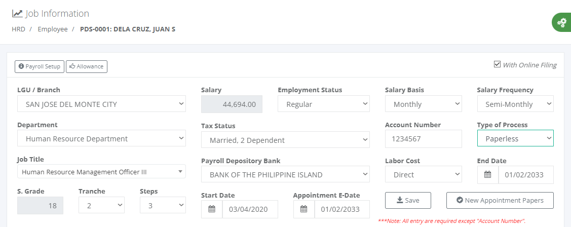 Payroll Setup: Job Information 1