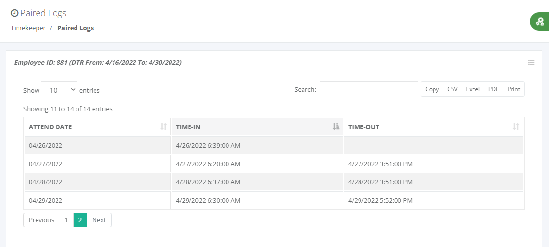 Timekeeping: Employee Pairing Time Logs (list)